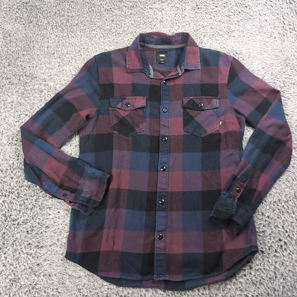 VANS Shirt Men Medium Purple Blue Flannel Check Button Long Sleeve Skate Casual - Picture 1 of 6